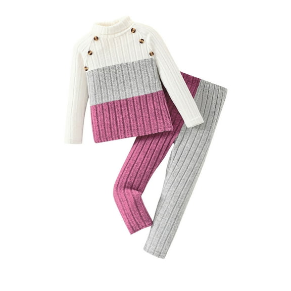 Ugoldhm Girls Shirt and Pant Set Ribbed Color Block 2 Piece Set Fall Winter Warm Clothes Sizes 3-10