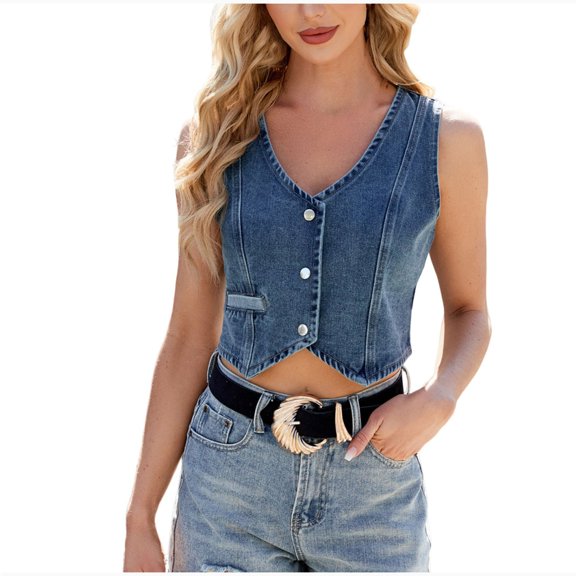UAMVSH Cropped Denim Vests for Women Casual Trendy Jean Jackets Sleeveless Button down Basic Tank Tops Going out Fashion Waistcoats(X-Large,Blue)