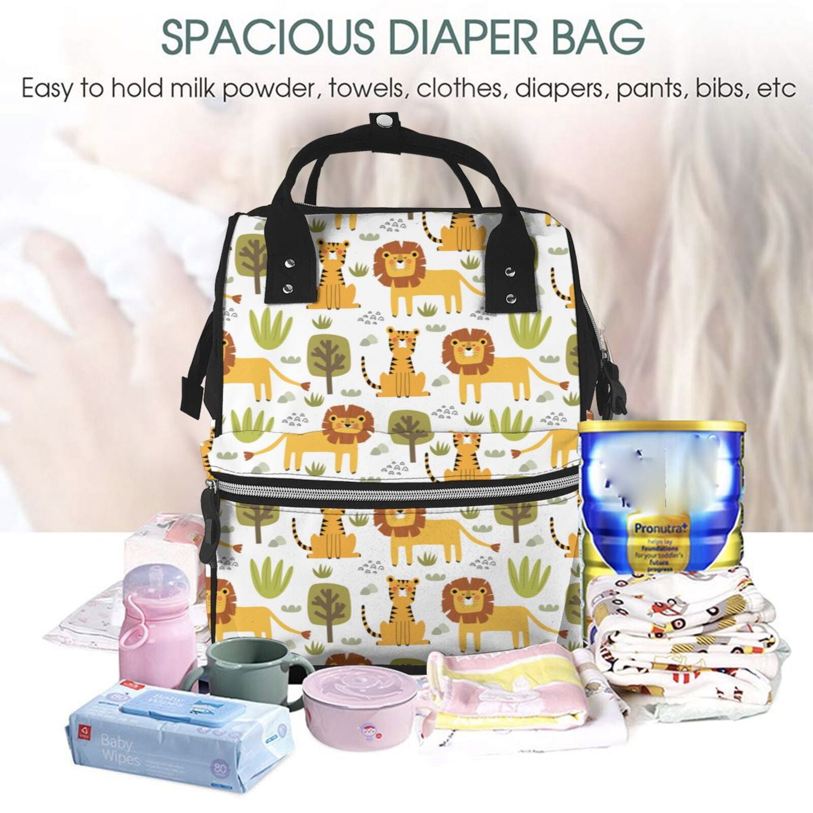 Ratiio Tiger Lion Mummy Backpack - Waterproof Twill Canvas, Large Capacity Diaper Bag with Multiple Pockets and Adjustable Straps