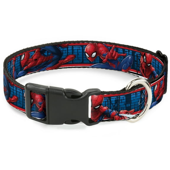 Marvel Comics Pet Collar, Dog Collar Plastic Buckle, Spider Man Action Poses Bricks Stripe Blues Red White, 7 to 8.5 Inches 0.5 Inch Wide