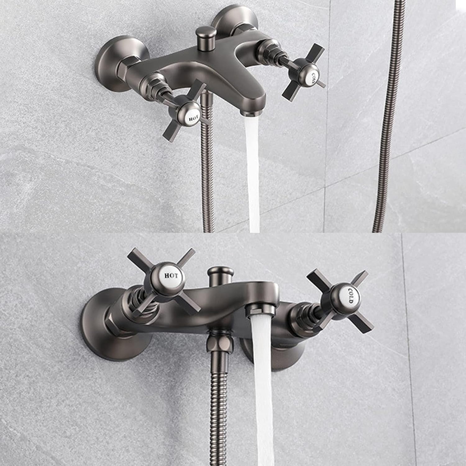 Industrial Bathtub Faucet with Handheld Shower Tub Filler Faucet Wall Mount Brass Tub Faucet 2 Handles 2 Holes Tub Mixer Tap with Liftable Shower Rod, Shower Hose,Chrome
