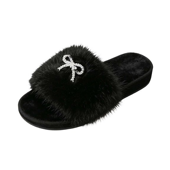 Wensltd Women Slippers Open Toe Slippers Plush Warm Soft Bow Decor Fashion For Autumn Winter Indoor Home Daily Wear Black