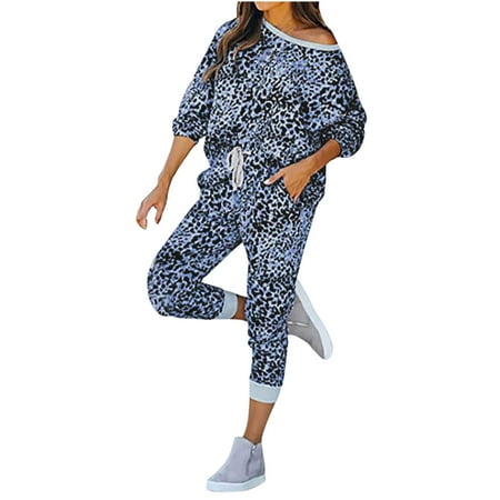 

Women s Sport Casual Set Fashion Leopard Print Pajamas Crewneck Long Sleeve Pullover Tops Drawstring Pant Loungewear