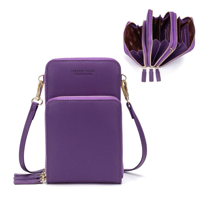 Small Crossbody Cell Phone Purse for Women, Mini Messenger Shoulder Handbag Wallet with Credit Card Slots,Purple