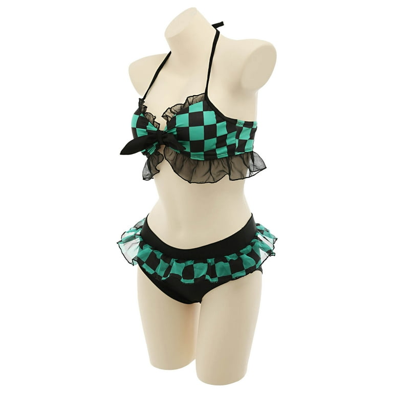 Women Halter Ruffled Bikini Set Triangle Pattern Lace Up Anime Swimsuit Two- piece Bathing Suit Beach 