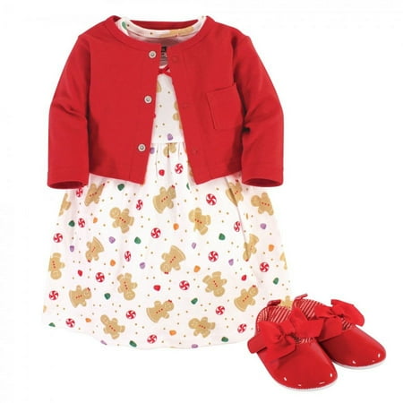 UPC: 0660168567397 | Hudson Baby Infant Girl Cotton Dress Cardigan and Shoe 3pc Set Sugar Spice 0-3 Months