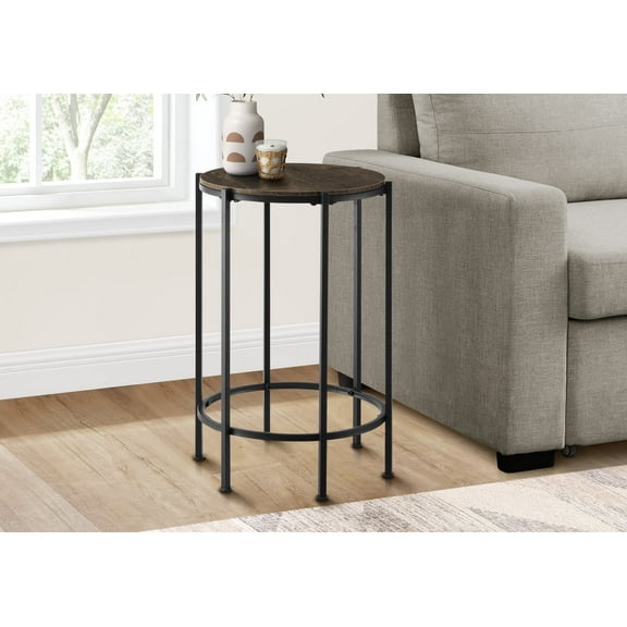 Dtwnek Round Side Table with Metal Frame, Wood End Table for Living Room, Bedroom, Dark Brown