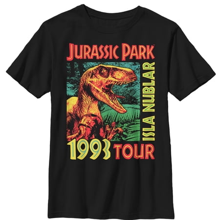 Boy s Jurassic Park Isla Nublar 1993 Tour Featuring Velociraptor Graphic Tee Black Medium