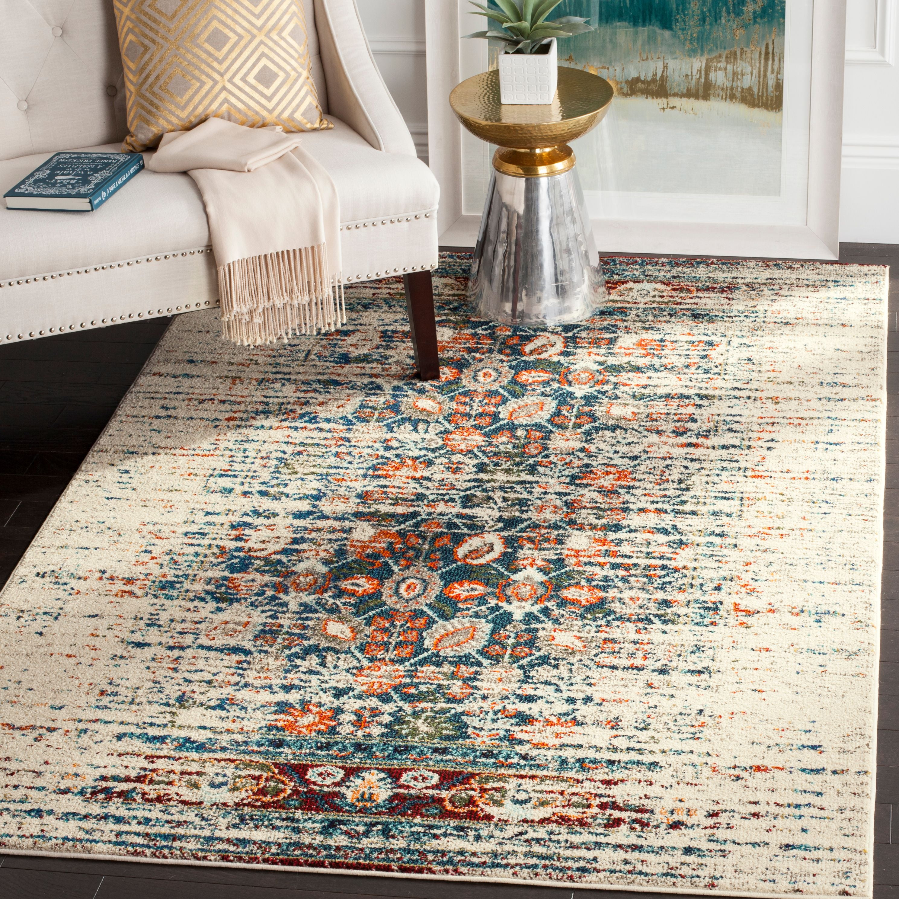 Super Area Rugs Modern Overdyed Vintage Traditional Distressed Rug in Ivory/Blue 
