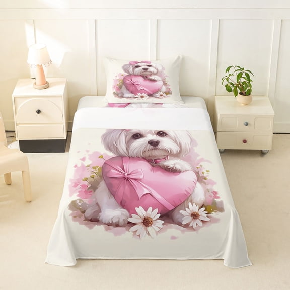Homewish Cute Maltese Animal Twin Sheets,Pink Bow Heart Bedding,Daisy Floral Decor,3-Piece,1 Fitted Sheet and 1 Pillowcase