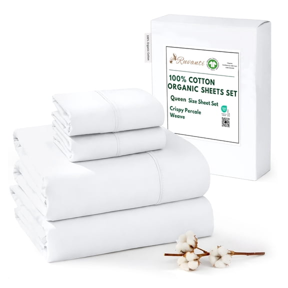 RUVANTI 100% Organic Cotton Sheets - Queen Sheet Set - 4 Piece Percale Weave Bedding, Crisp, Cooling & Breathable, Soft & Durable, 16" Deep Pocket, Hotel Quality Sábanas - Bright White