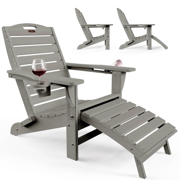 Folding Adirondack Chair w/ Ottoman, Weather-Resistant HDPE Patio Fire Pit Chair, Gray