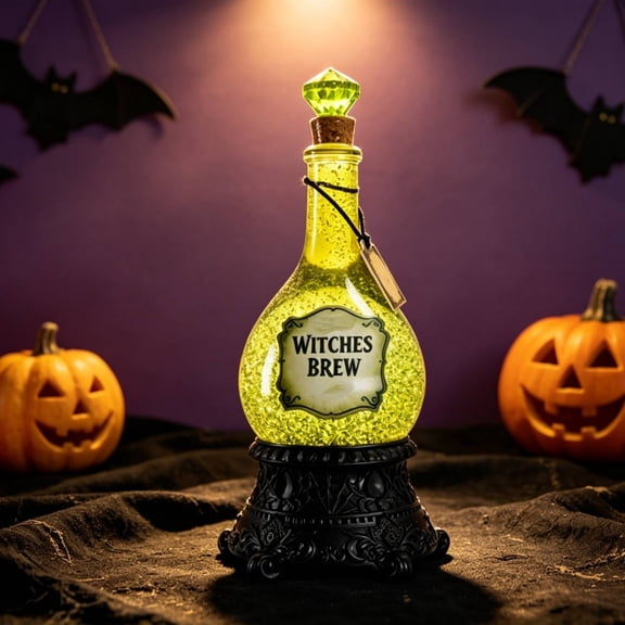 LED Witches Brew Potion Bottle Light, Glitter Green Halloween Decorative Bottle Lamp with Black Base, Spooky Tabletop Decor for Home Party