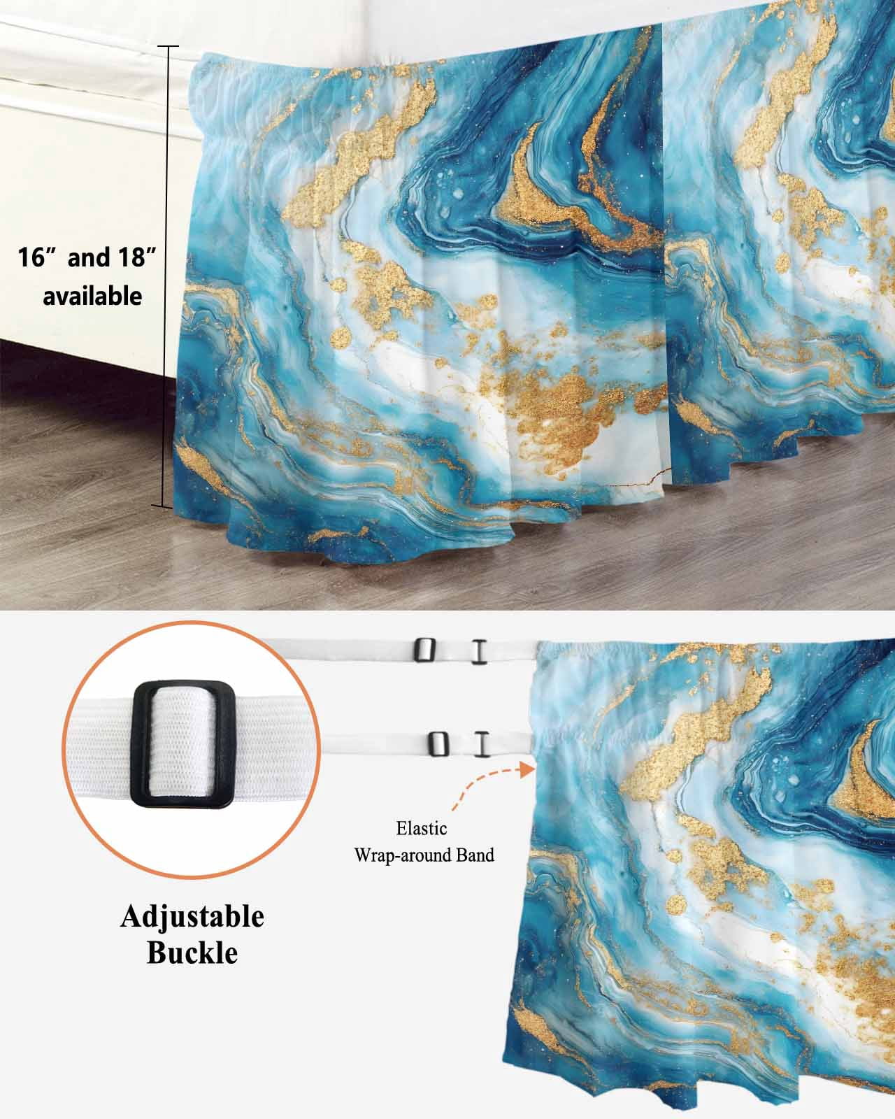 Blue Marble Wrap Around Bed Skirts for Queen Bed 16" Drop,Bed Skirt with Adjustable Elastic Belt Dust Ruffle Bed Valance for Bedroom Hotel Luxury Luxury Yellow Modern Ink Painting Art Bed Frame Cover