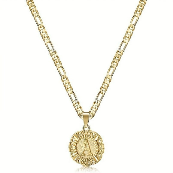 VOLALO Jewelry Initial Pendant Necklace for Men Womens, 14K Gold Plated Round Letter Capital Necklace Alphabets from A-Z Figaro Chain Necklace