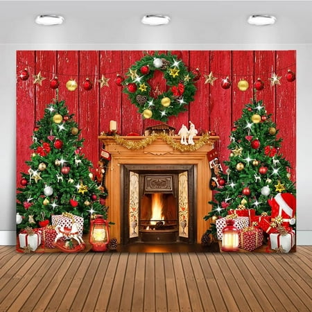 Image of Christmas Vintage Fireplace Photography Backdrop Christmas Red Wooden Wall Photo Background Gift Xmas Trees Holiday Famliy Portrait Background Photo Booth Props (10x7ft)