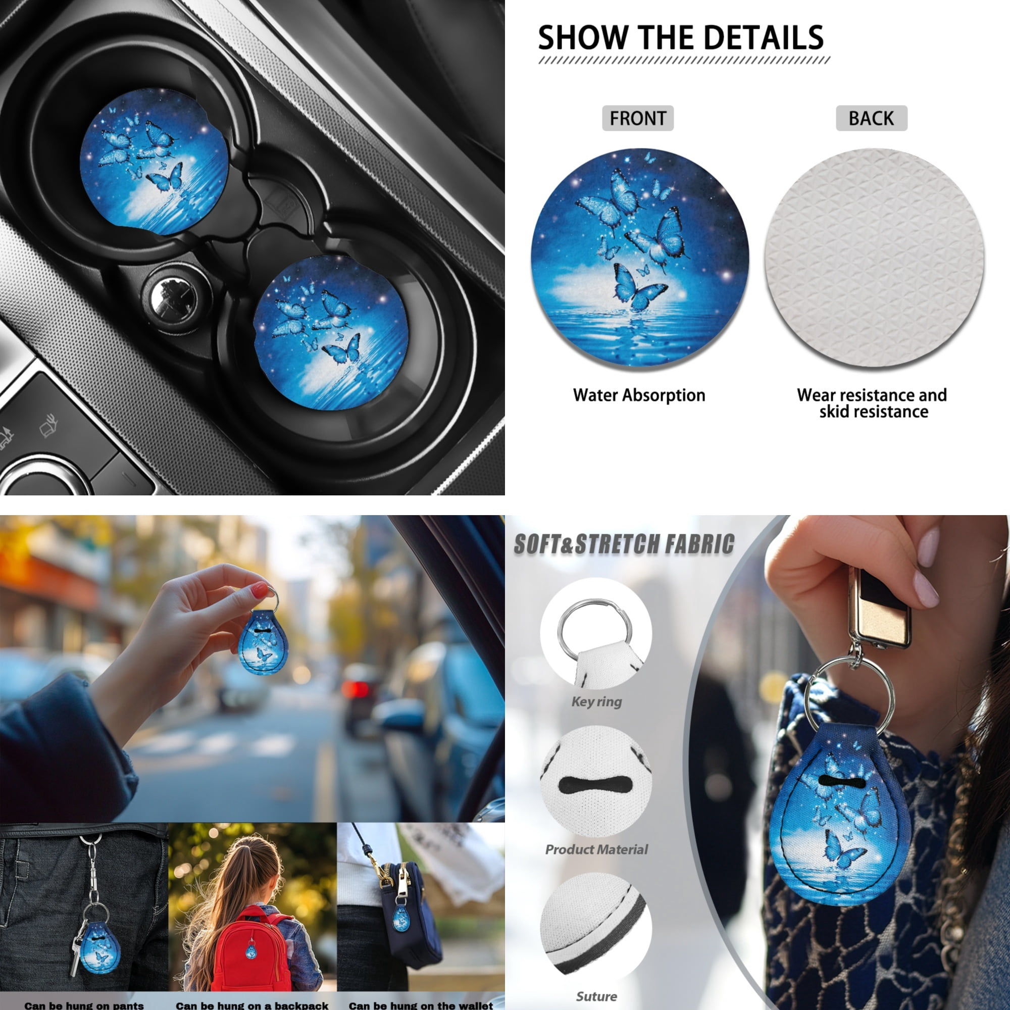 Jeiento Sparkling Butterfly Car Seat Cover Full Set with Steering Wheel Cover Seat Belt Strap Pads Armrest Pad Coasters Keychain Lipstick Holder Blue 13 PCS Automobile Accessory Interior Decor