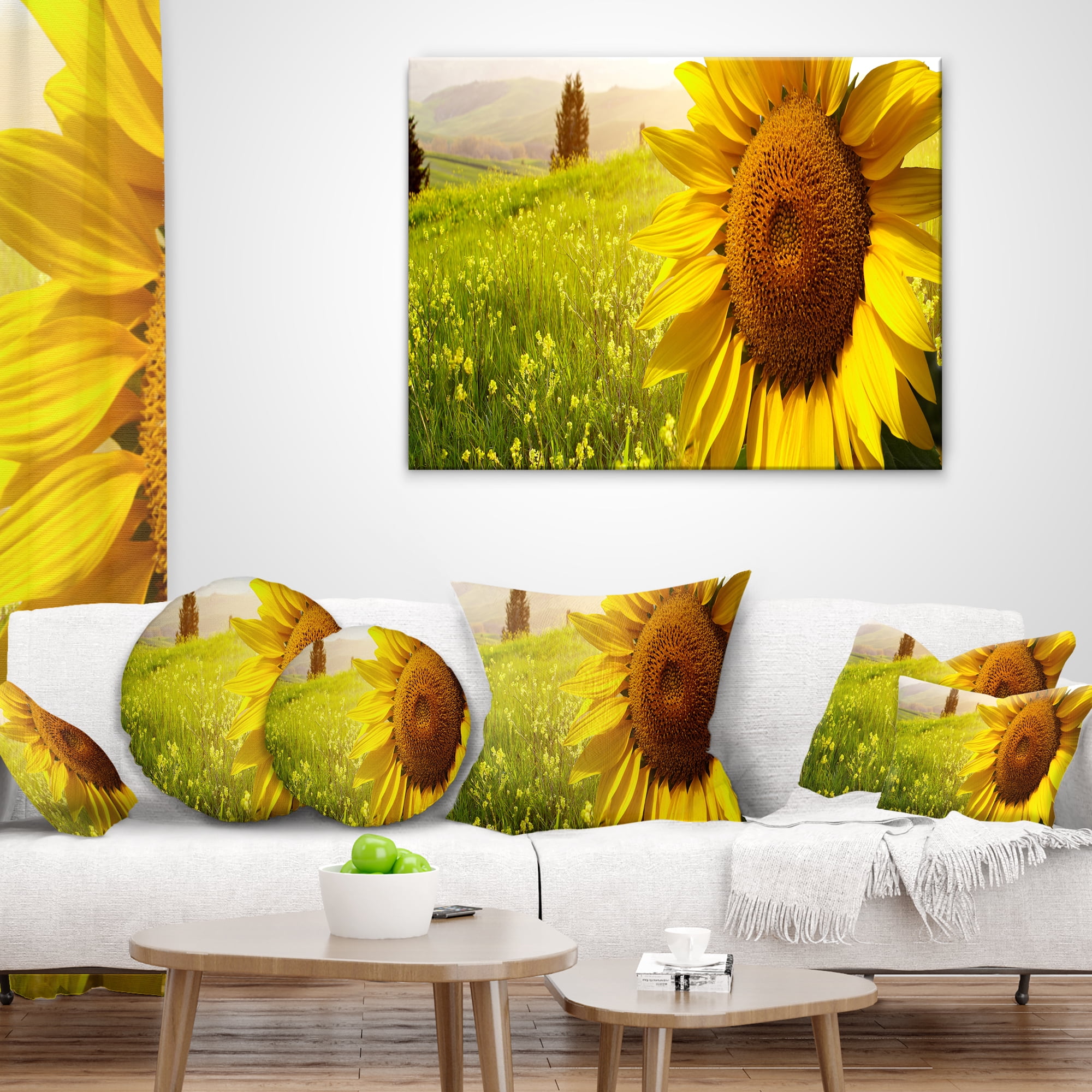 Designart Yellow Field with Big Sunflower - Landscape Printed Throw Pillow - 12x20