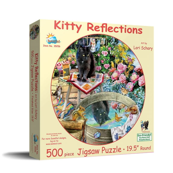 SUNSOUT INC - Kitty Reflections - 500 pc Round Jigsaw Puzzle by Artist: Lori Schory - Finished Size 19.5" rd Cat - MPN# 35256