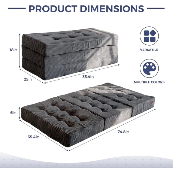 Tri-Fold Mattress, 6 Inch Tufted Folding Futon Foam Bed, Foldable Floor Mattress Guest Bed Futon Topper Portable Camping Sleeping with Corded Fabric, Dark Grey, 35.4"x75"