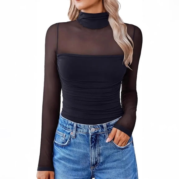 hlysgo Womens Mesh Sheer Long Sleeve Top Mock Turtle Neck Shirts Ruched Casual Going Out Blouses Black,L