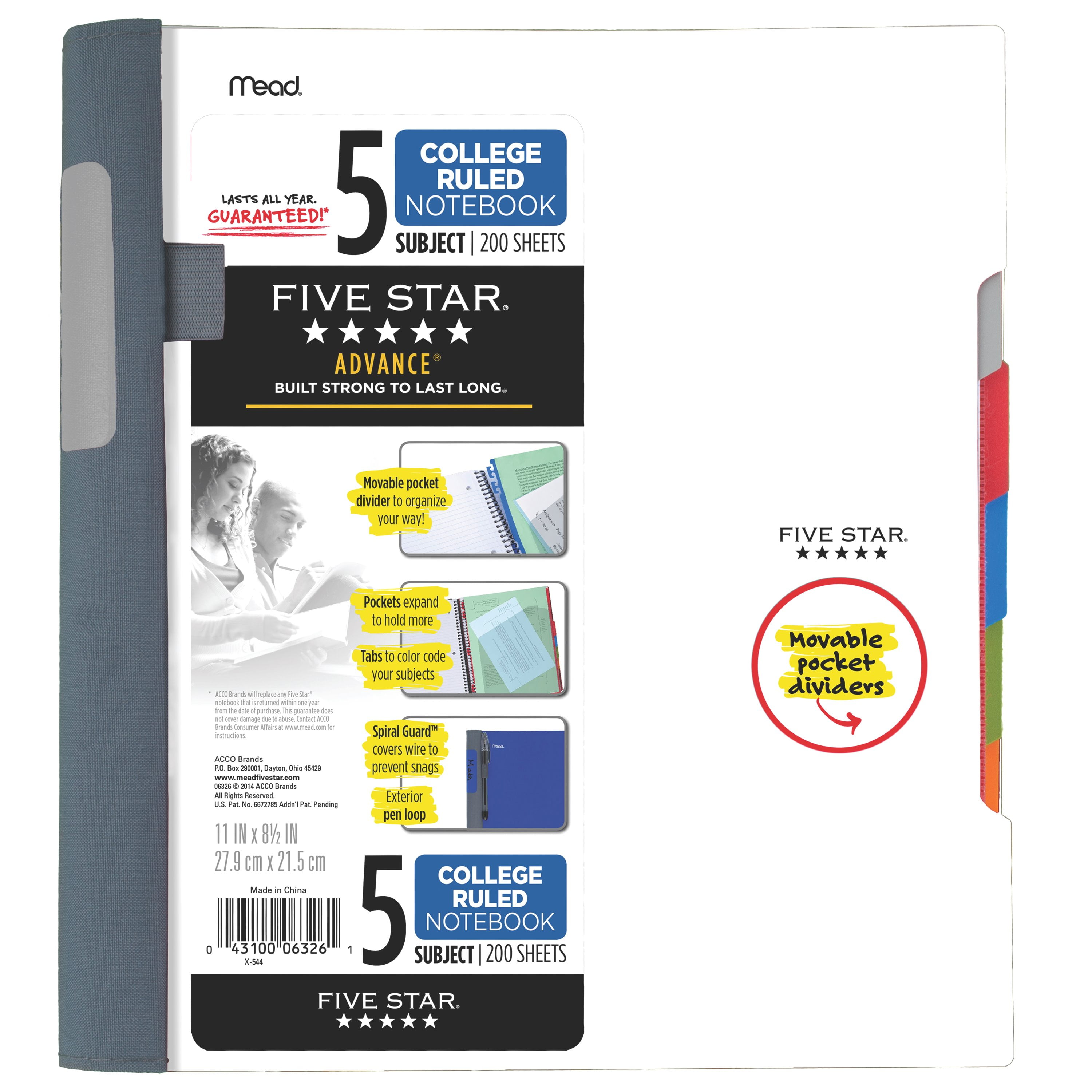 Five Star Advance Spiral School Supplies, Big Tabs, 5 Subject College Ruled Notebook, Assorted (06326) - Walmart.com Five Star Advance Spiral School Supplies, Big Tabs, 5 Subject College Ruled Notebook, Assorted (06326) - Walmart.com