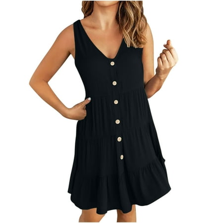 

Juebong Women s Casual Summer Tank Sleeveless Knee Length Pleated Sun Dresses Solid Color Dress