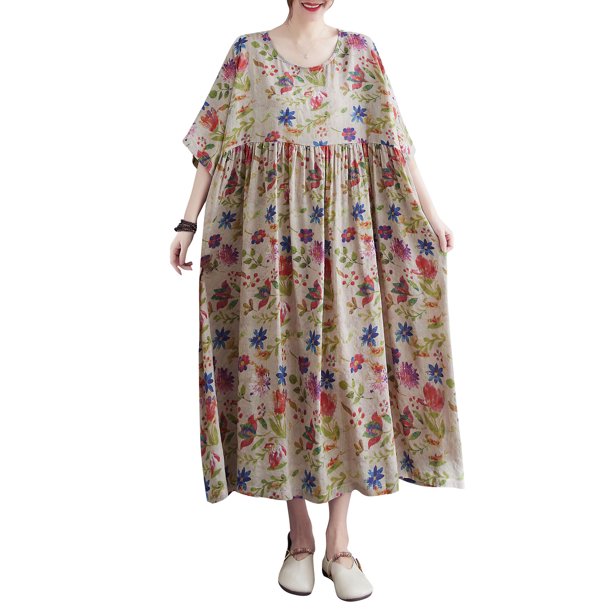 Vestido suelto para mujer con bolsillos, vestido de playa informal de media manga con estampado vintage