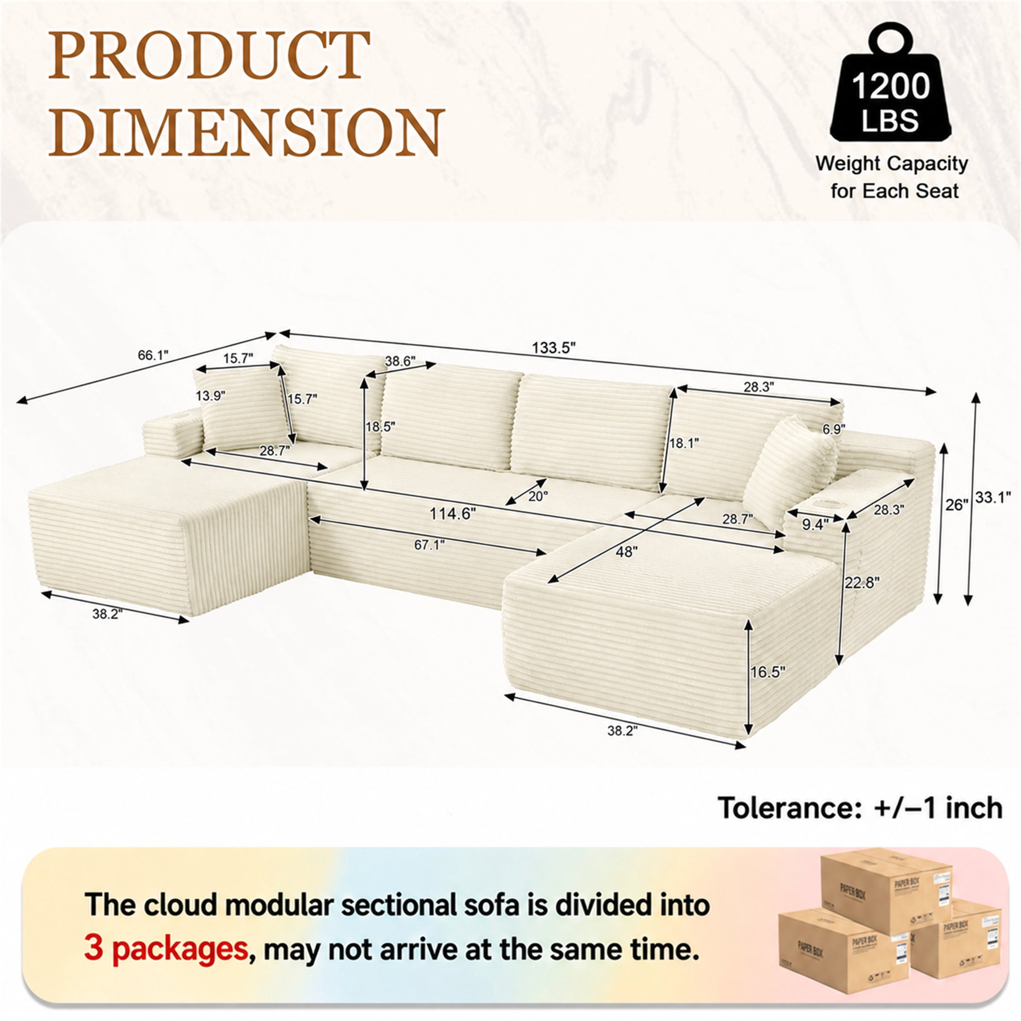 Aukfa 133" Cloud Sectional Sofa Oversized Boneless Couch Modular U-Shaped Couch, Double Chaise Corduroy Sofa for Living Room, White