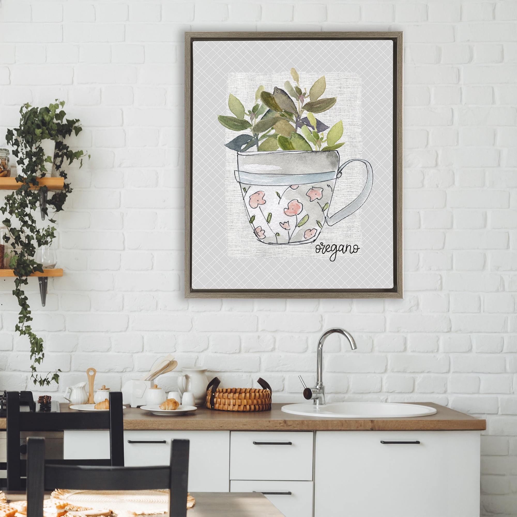 Stupell Industries Oregano Herb Mug Brown Framed Floater Canvas Wall Art, design by Livi Finn