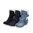 thumbnail image 3 of SACFOF Women's Round Toe Denim Mid Calf Dressy Boots Buckle Fur Lace Up Chunky Block Mid Heels Snow Boots, 3 of 6