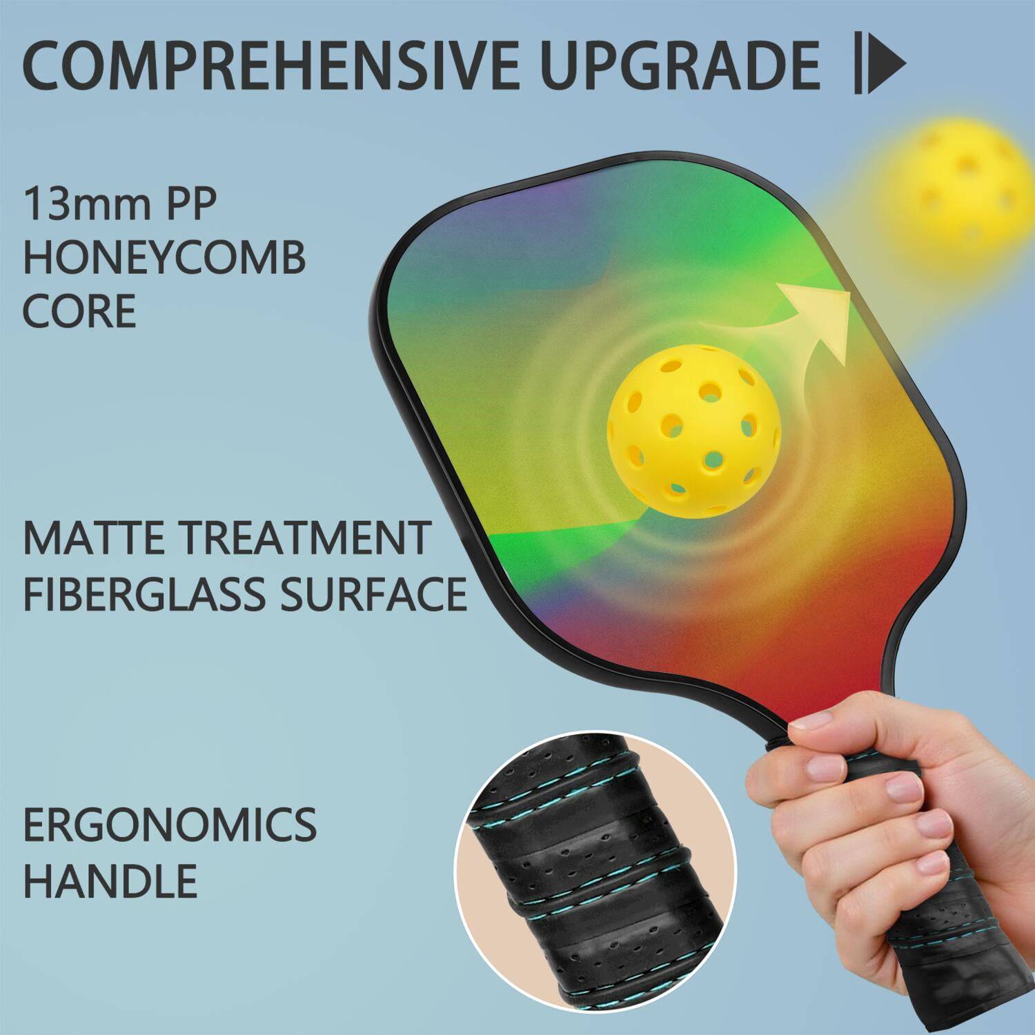 Pickleball Paddles Set Of 1, Fiberglass Surface, Fluid Smoke Aurora Art Style, 1 Paddle, 2 Balls & Bag