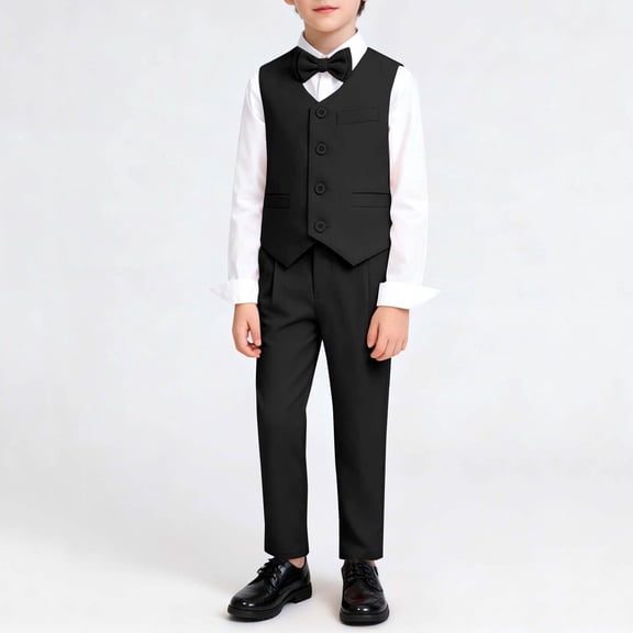 YUSIM Boys Dress Suit Sets 3 Piece- Bow Tie Button Vest Formal Pants Kids Outfit Sets Black Size 8