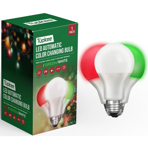 Tupkee LED Automatic Color Changing Bulb - Automatically Cycles Between Red/Green/White Every 5 Seconds  A19, E26, 2-Watt Christmas Porch LED Light Bulb Holiday Decoration