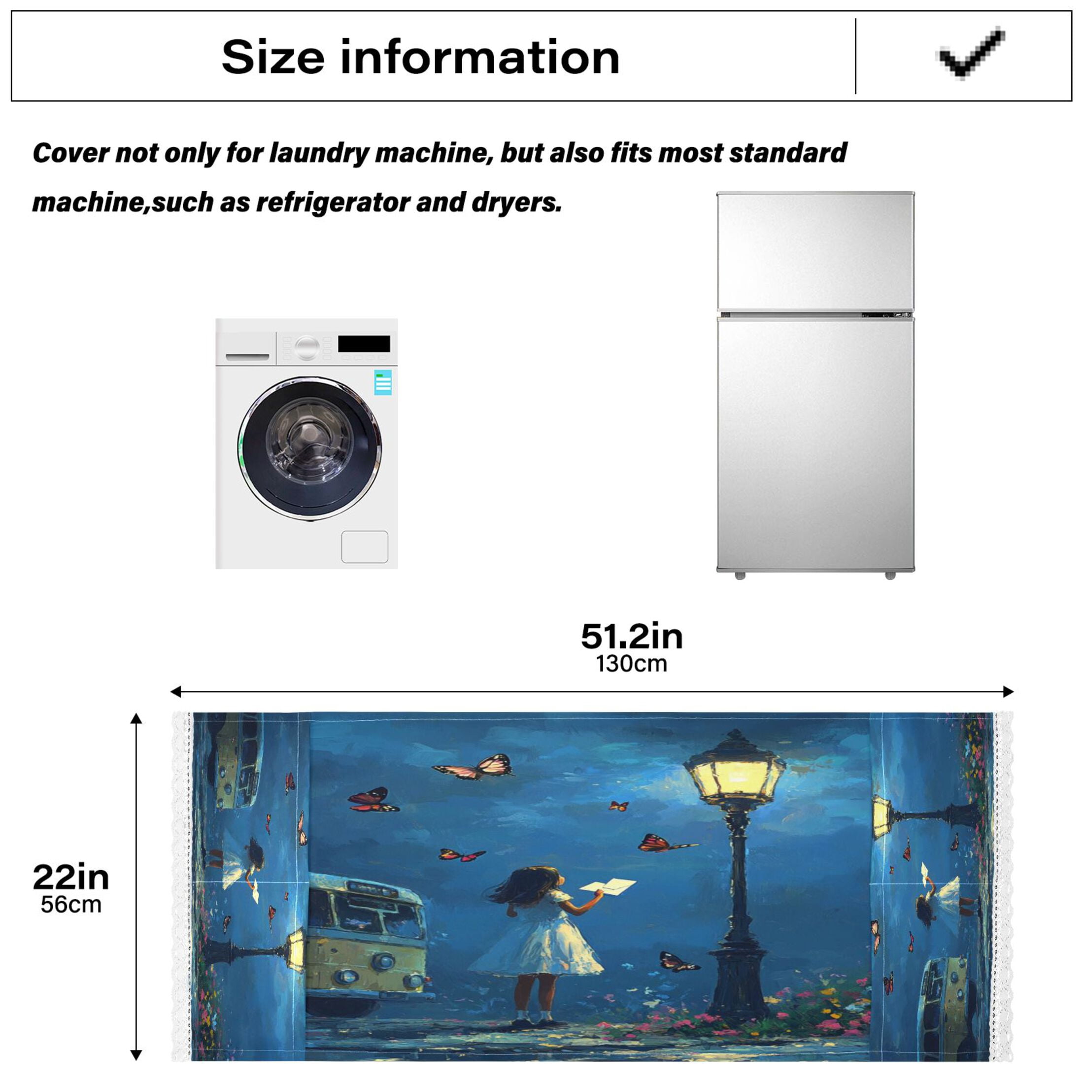 Washing Machine Cover 51.2x22in, Durable Polyester Dust Cover with Lace Trim and Side Pocket for Appliances Reading under The Streetlight