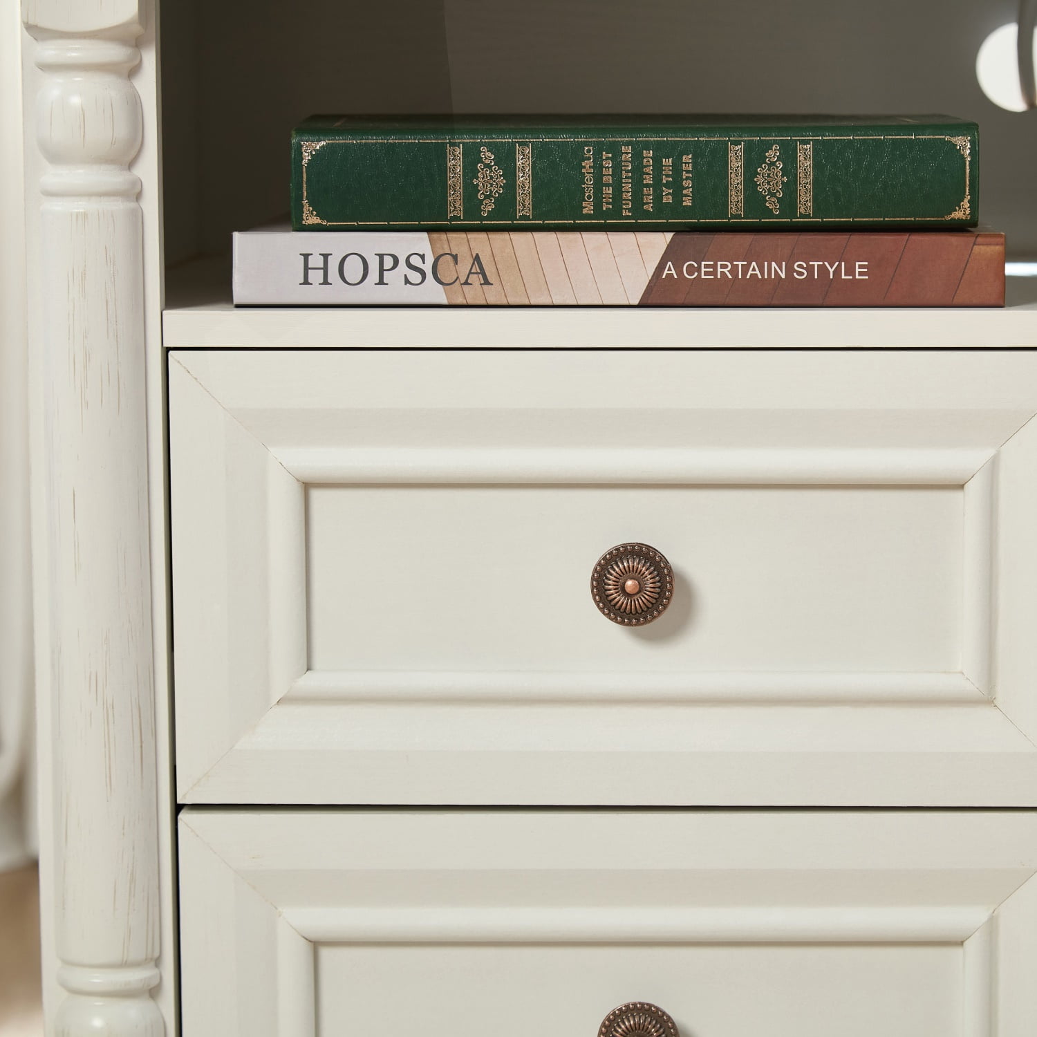 Hommoo Farmhouse Style 2-Drawer Side Table with Storage, Charging Pedestal & Roman Posts Decoration, Rustic Wood Square Nightstand Chest of Drawers for Living Room, Bedroom, Office, White