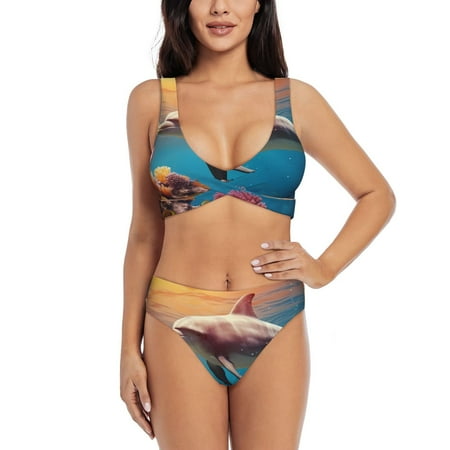 Zeuib Underwater Plant Dolphin High Waisted Tummy Control Bikini Set - Knot Front Push Up Top & Cheeky Thong Bottom  Two-Piece Swimsuit for Women-Large