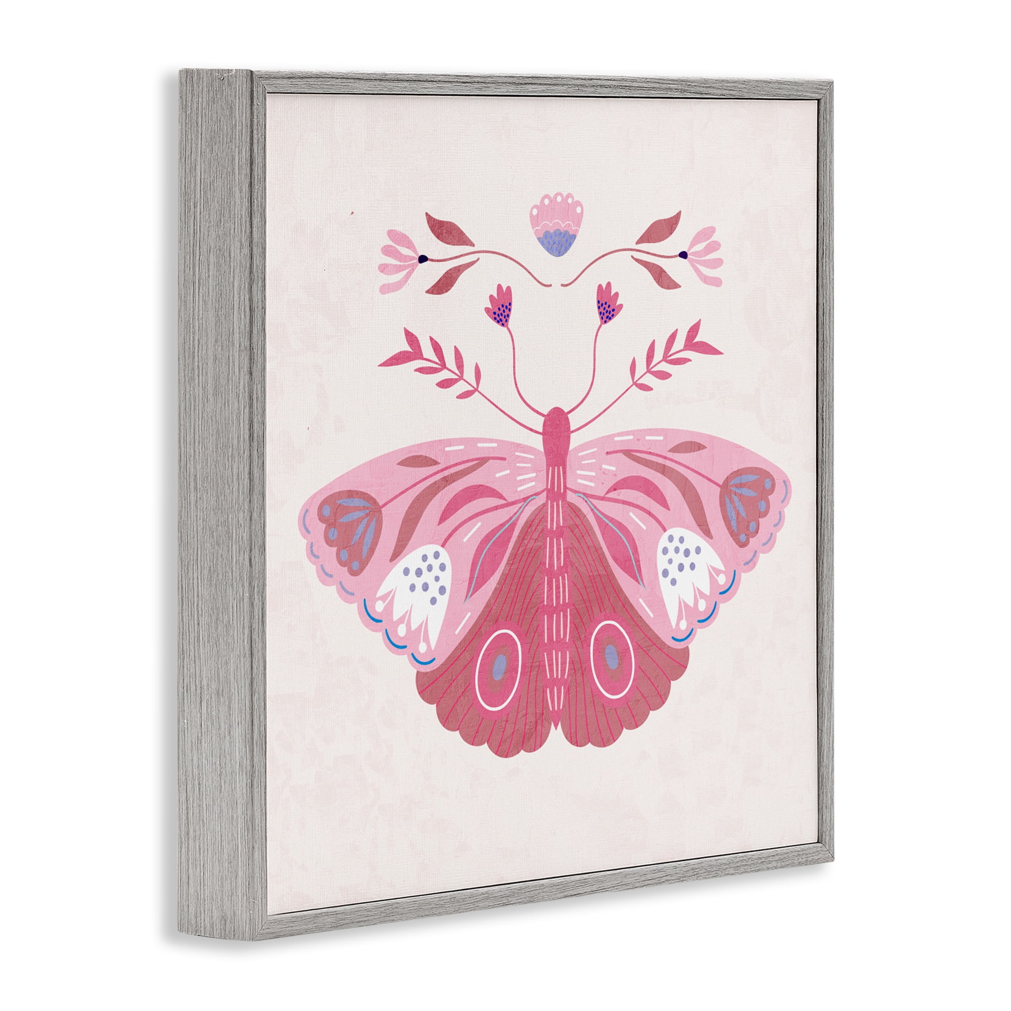 Stupell Industries Boho Pink Folk Butterfly Gray Framed Giclee Art, design by Kim Allen