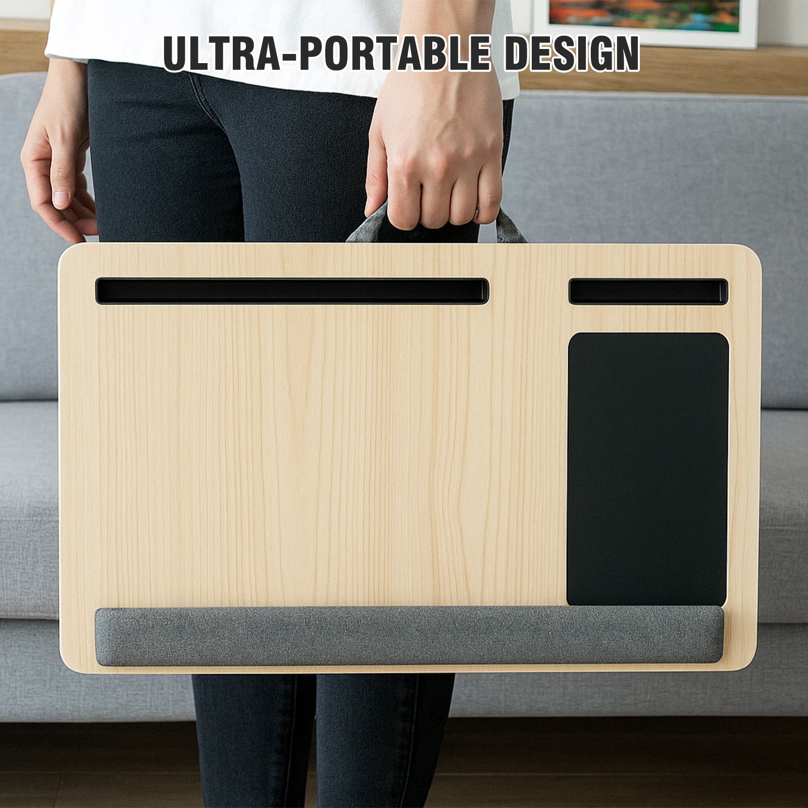 CATGOOD Portable Lap desk, Laptop Desk with Pillow, Wood Lapdesk Bed Table with Soft Pillow, Mouse Pad & iPad/Phone Slots, Fits up to 15.6 inches, White