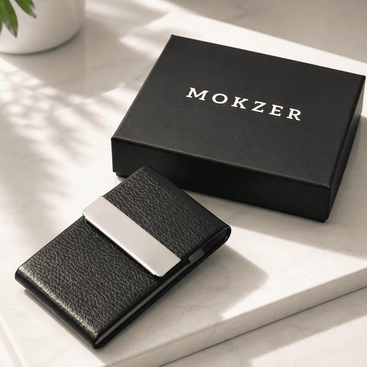 mokzer Business Card Holder, PU Leather & Stainless Steel Business Card Case for Men or Women, Slim Name Cards Holder RFID Blocking Credit Cards Carrier with Magnetic Closure,