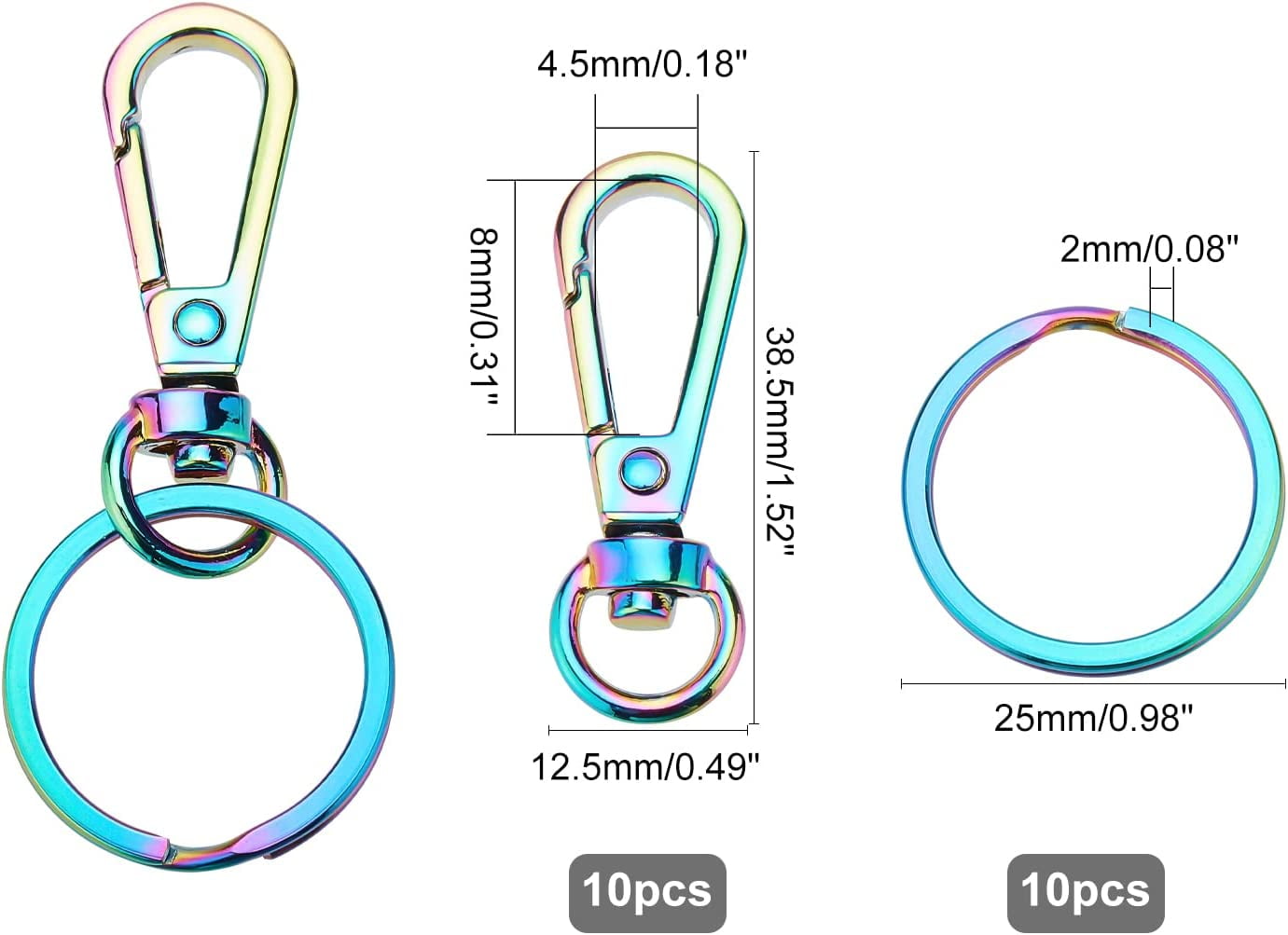 20pcs Rainbow Swivel Clasps Set 10pcs Metal 1.5 Trigger Snap Hooks Lanyard  Keychain Hook with 10pcs 25mm/0.98 Stainless Steel Flat Key Ring for Purse  Strap Keys Bag Pendant Dog Leash 