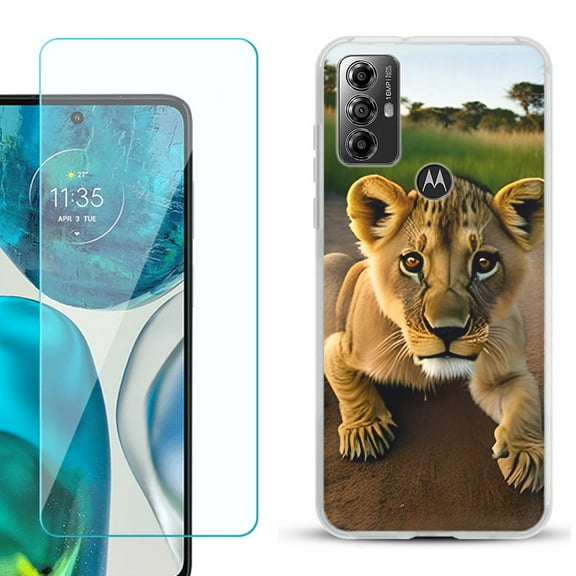 OneToughShield ® for Motorola Moto G Play 2023 Shockproof Fashion Phone Case, with Tempered Glass Screen Protector - Lion Cub