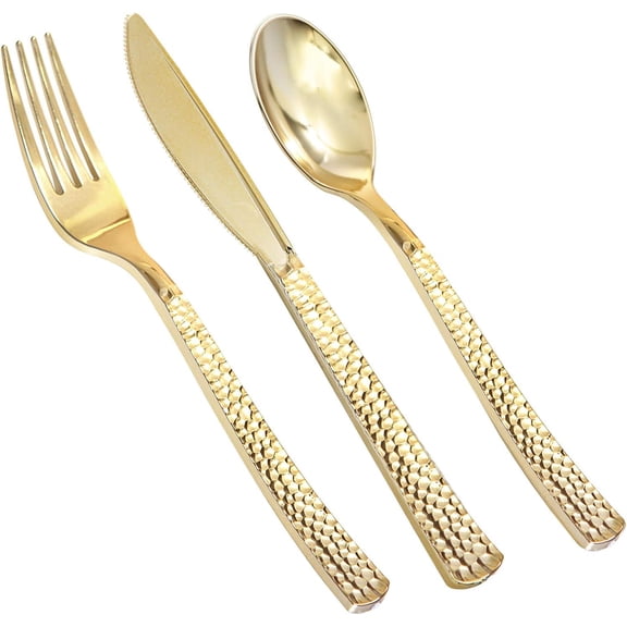 180 pieces Gold Plastic Silverware, Disposable Plastic Utensils Heavy Duty, Gold Disposable Silverware Sets Include 60 Knives, 60 Forks and 60 Spoons, Suitable for Party, Birthday, Wedding