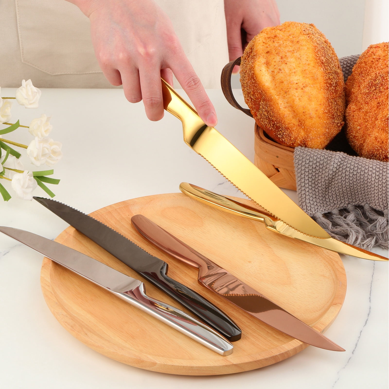 Buyer Star Kitchen Steak Knives Set of 6, 8.6 Inches Heavy Duty Steak Knife Sets, Stainless Steel Non-Stick Silverware Set for Home, Restaurant, Party, Wedding, Dishwasher Safe