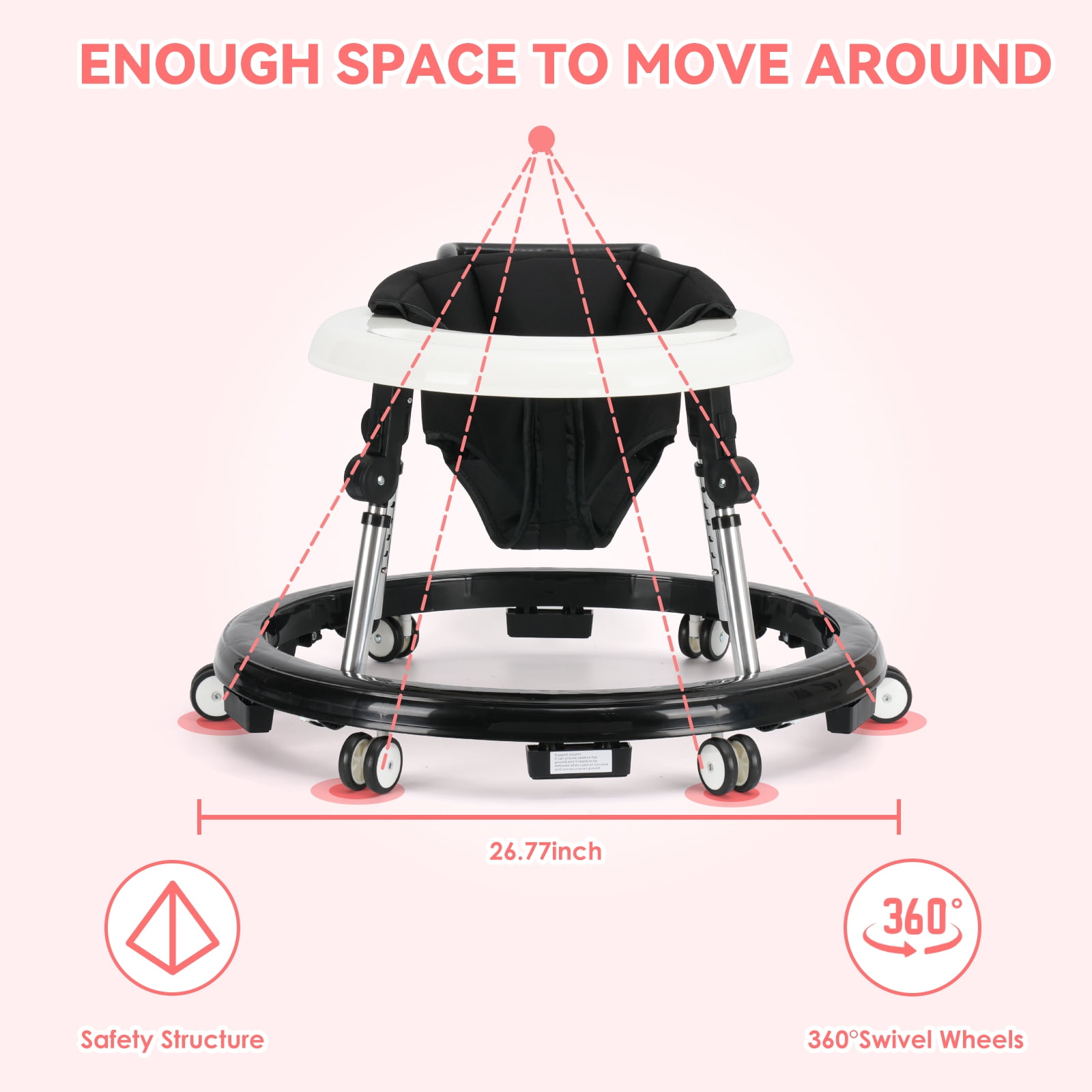 Baby Walker for 6-18 Months - One-Touch Foldable Design, 9 Adjustable Heights, Non-Slip Wheels with Removable Activity Tray, Black