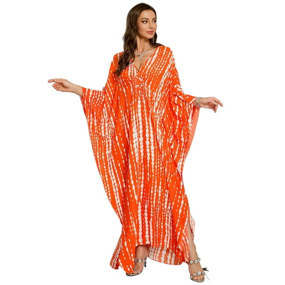 Women's Plus Size Kaftan Maxi Beach Dress Swimwear Cover up V Neck Caftan Loungewear Print Beachwear Vacation Outfit