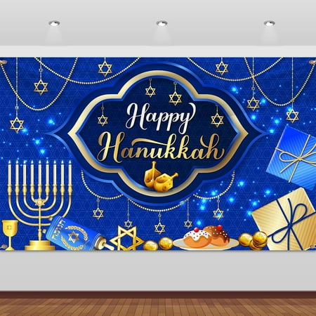 Hanukkah Decorations-Happy Hanukkah Backdrop Blue Hanukkah Banner Blue and Gold Fabric Jewish Chanukah Party Background for Jewish Festival Holiday Hanukkah Party Supplies