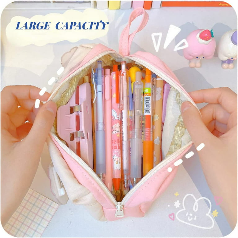 Kawaii Large Pencil Case Stationery Storage, Bags Canvas, Pencil Bag, Cute  Makeup Bag, School Supplies for Girl Kids Gift W/ Badge 