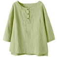thumbnail image 4 of Womens Cotton Linen 3/4 Sleeve Shirts Round Neck Solid Color Tops Fashion Loose Casual Soft Blouse Holiday Party Outfits, 4 of 5