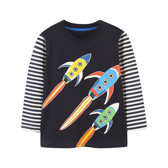 HCYSFG Boys Rocket T Shirts Space Graphic Crewneck Long Sleeve Striped Layered Look Playful Graphic Tees Everyday Casual Tops